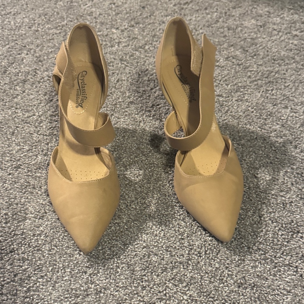 Classified Tan Pointed-Toe Ankle-Strap Heels